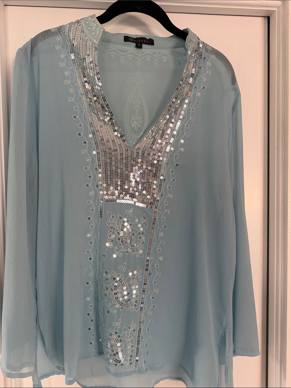 Sequin-Trim Light Blue V-Neck Women's Tunic